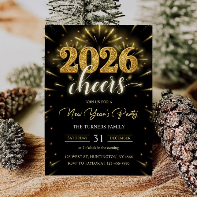 Convite Festa de Ano Novo 2026 Moderno Preto Dourado (Criador carregado)