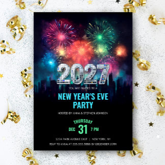 Convite Festa de Ano Novo 2027 com Fogos de Artifício Eleg