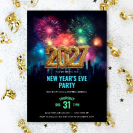 Convite Festa de Ano Novo 2027 Elegante com Fogos de Artif