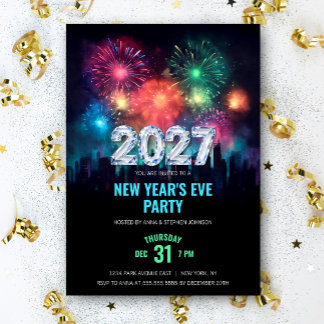 Convite Festa de Ano Novo 2027 Elegante com Fogos de Artif