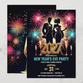 Convite Festa de Ano Novo 2027 Glamurosa com Fogos de Arti