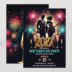 Convite Festa de Ano Novo 2027 Glamurosa com Fogos de Arti