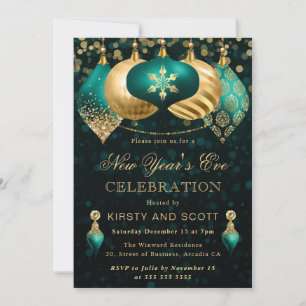 Convite Festa de Ano Novo Azul Turquesa e Dourado Elegante