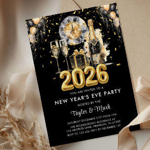 Convite Festa de Ano Novo Balck Dourado Brilho Champanhe