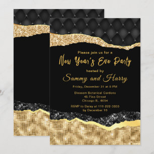 Convite Festa de Ano Novo Black and Gold Glam Tears