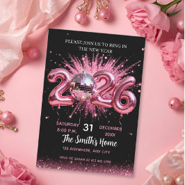 Convite Festa de Ano Novo Chic 2026 Rosa com Brilho Preto