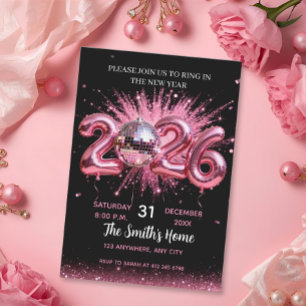 Convite Festa de Ano Novo Chic 2026 Rosa com Brilho Preto