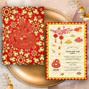 Convite Festa de Ano Novo Chinês 2025 Cobra Floral Ouro Ve