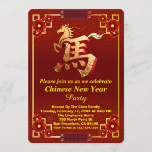 Convite Festa de Ano Novo Chinês Vermelho Cavalo Dourado P