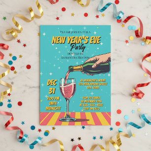 Convite Festa de Ano Novo com Arte Pop Vibrante e Retrô
