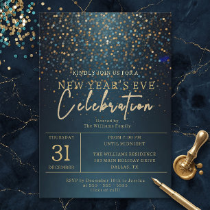 Convite Festa de Ano Novo com Brilho Dourado e Azul-Marinh