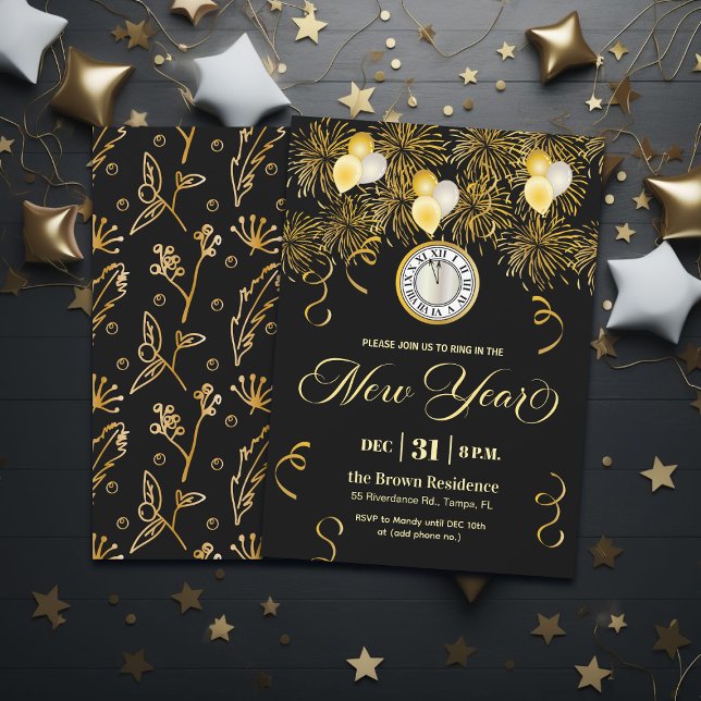Convite Festa de Ano Novo com Brilho Preto e Dourado (Criador carregado)