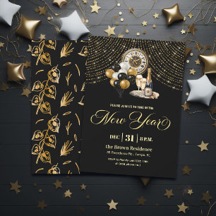 Convite Festa de Ano Novo com Brilho Preto e Dourado