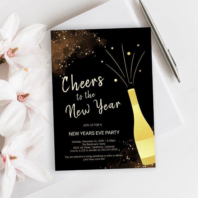 Convite Festa de Ano Novo com Champanhe Gold Elegante (Elegant Gold Champagne New Year Party Invitation)