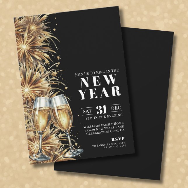 Convite Festa de Ano Novo com Champanhe Ouro Negro Moderno (Modern Black Gold Champagne New Year's Eve Party Invitation)