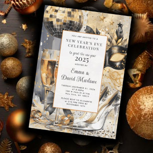 Convite Festa de Ano Novo com Dourada Aquarela