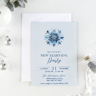 Convite Festa de Ano Novo com Floco de Neve Azul Simples e