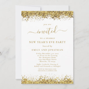 Convite Festa de Ano Novo com Letra Elegante Dourada Brilh