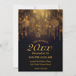 Convite Festa de Ano Novo com luzes de brilho dourado
