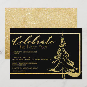 Convite Festa de Ano Novo da Árvore de Natal Dourada Tren