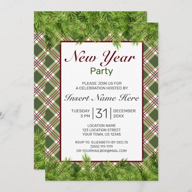 Convite Festa de Ano Novo da Xadrez Vermelha Verde e Filei (Frente/Verso)