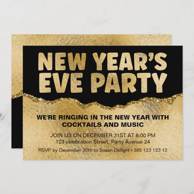 Convite Festa de Ano Novo de Textura em Folha Negra e Dour (Frente/Verso)