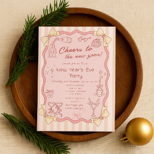 Convite Festa de Ano Novo Desenhada à Mão em Rosa