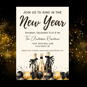 Convite Festa de Ano Novo do Champanhe Negro e Dourado