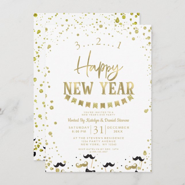 Convite Festa de Ano Novo e Folha de Ouro Confetti (Frente/Verso)