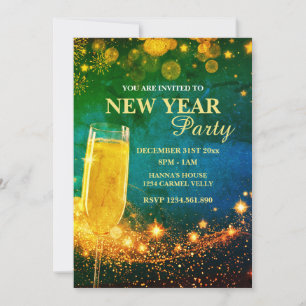 Convite Festa de Ano Novo Elegante em Dourado e Azul