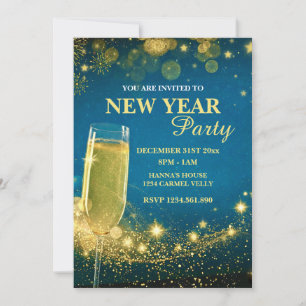 Convite Festa de Ano Novo Elegante em Dourado e Azul