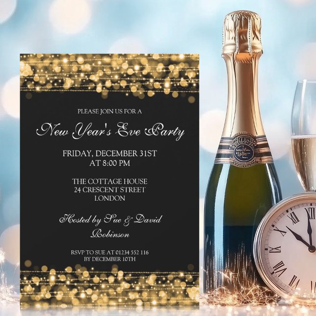 Convite Festa de Ano Novo Elegante Faíscas Dourado (Elegant New Years Eve Party Sparkles Gold Invitation)