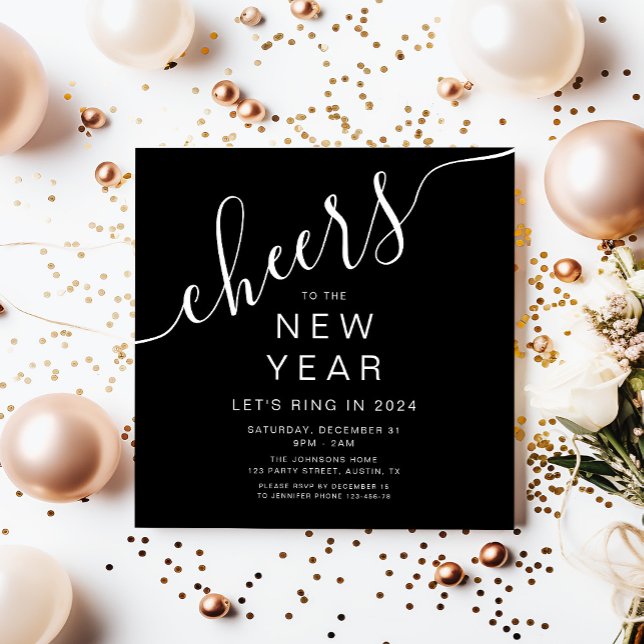 Convite Festa de Ano Novo Elegante Preta (Elegant Black New Year's Eve Party Invitation)