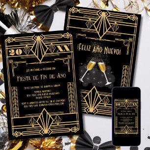 Convite Festa de Ano Novo Espanhola Art Déco em Ouro dos A