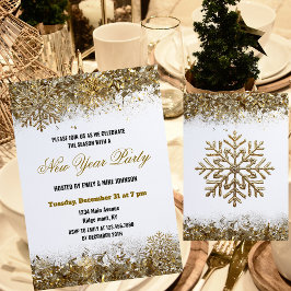 Convite Festa de Ano Novo Floco de Neve Brilho Dourado Ele