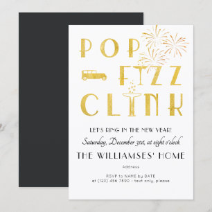 Convite Festa de Ano Novo Gatsby Pop Fizz Clink Art Déco