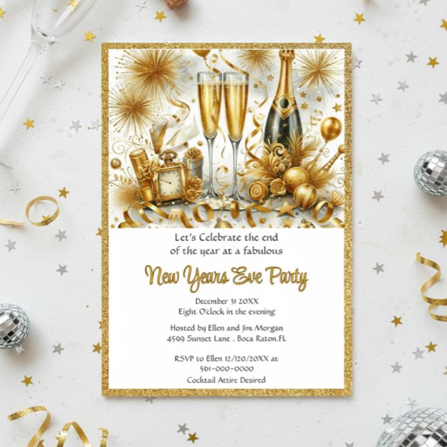 Convite Festa de Ano Novo Glamurosa em Dourado e Branco (Elegant Gold Glitter New Years Eve Party Template Invitation )