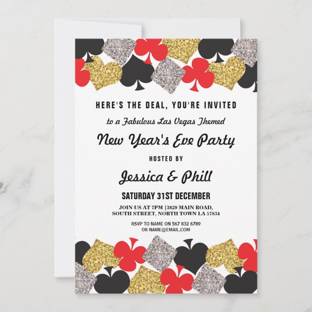 Convite Festa de Ano Novo Las Vegas Casino Glitter Convida (Frente)