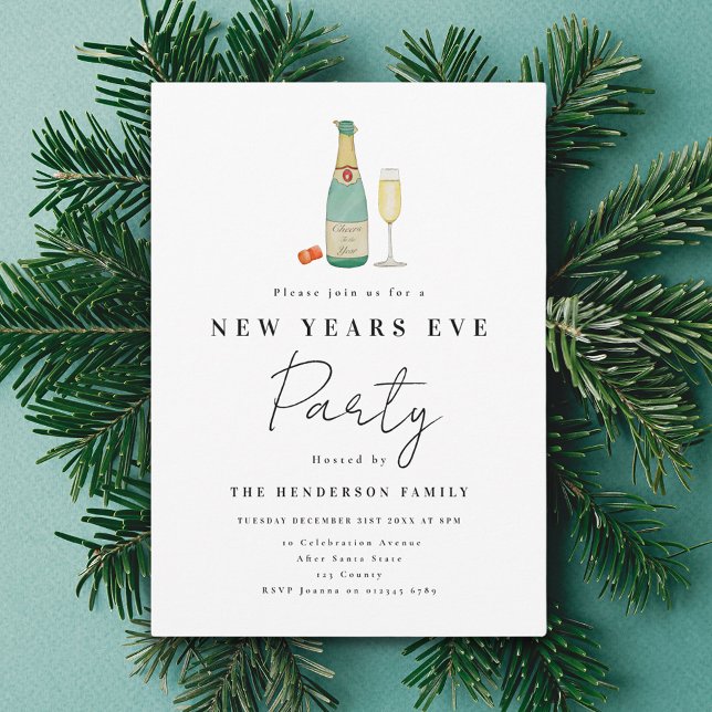Convite Festa de Ano Novo Minimalista (Minimalist watercolor New Year’s Eve party invitation)