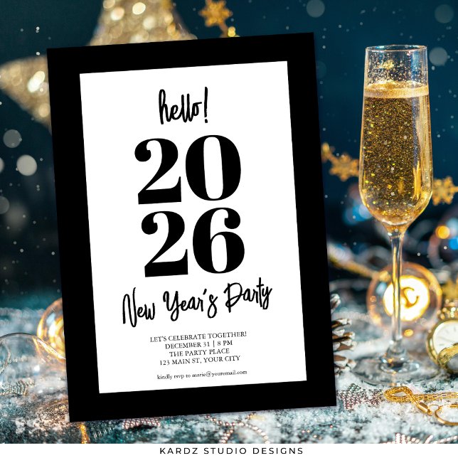 Convite Festa de Ano Novo Moderna e Editável Preto (Invite shown in 5 x 7 inches, choose size, paper, and corner style.)