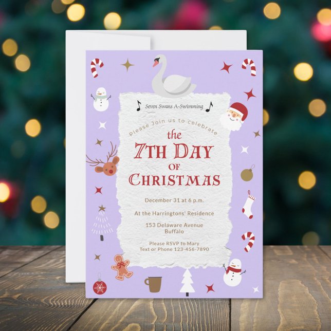 Convite Festa de Ano Novo no 7º Dia de Natal (This retro purple invitation lets you celebrate New Year's Eve as the 7th Day of Christmas.)