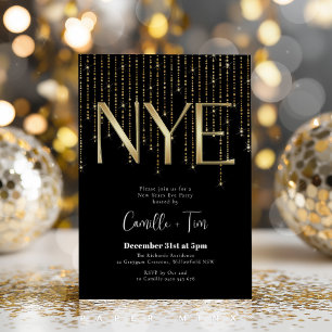 Convite Festa de Ano Novo Preta e Dourada NYE