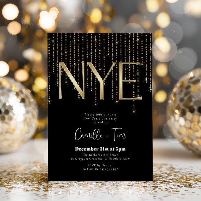 Convite Festa de Ano Novo Preta e Dourada NYE (NYE party invitation in gold and black )