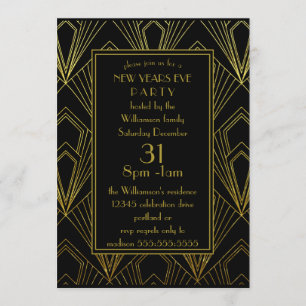 Convite Festa de Ano Novo Preto e Dourado Art Déco