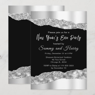 Convite Festa de Ano Novo Silver and Black Glam Tears