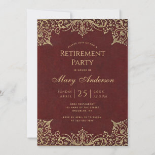 Convite Festa de Aposentadoria Borgonha Dourado Vintage El