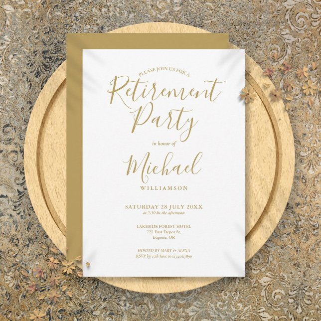 Convite Festa de Aposentadoria com Elegante Letra Dourada (Elegant Gold Script Retirement Party Invitation)