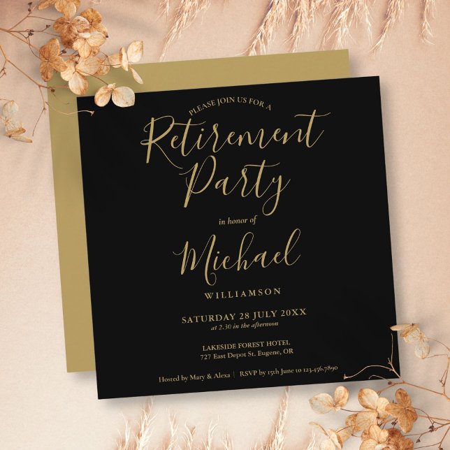 Convite Festa de Aposentadoria com Elegante Letra Dourada  (Black And Gold Elegant Script Retirement Party Invitation)