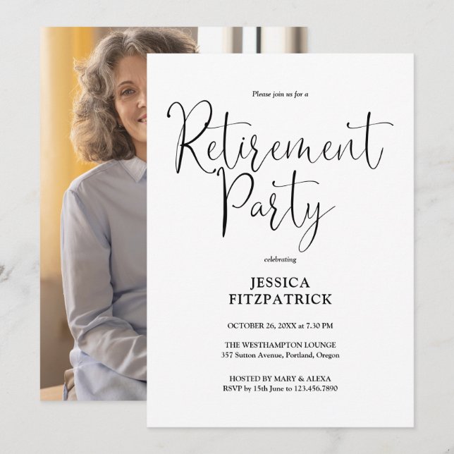 Convite Festa de Aposentadoria com Foto em Preto e Branco  (Frente/Verso)