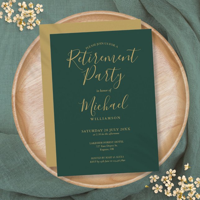 Convite Festa de Aposentadoria com Letra Dourada e Verde E (Emerald Green And Gold Script Retirement Party Invitation)